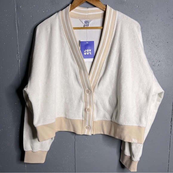 JoyLab Women's Towel Terry Cardigan White Tan Stripe size Large - Picture 3 of 9